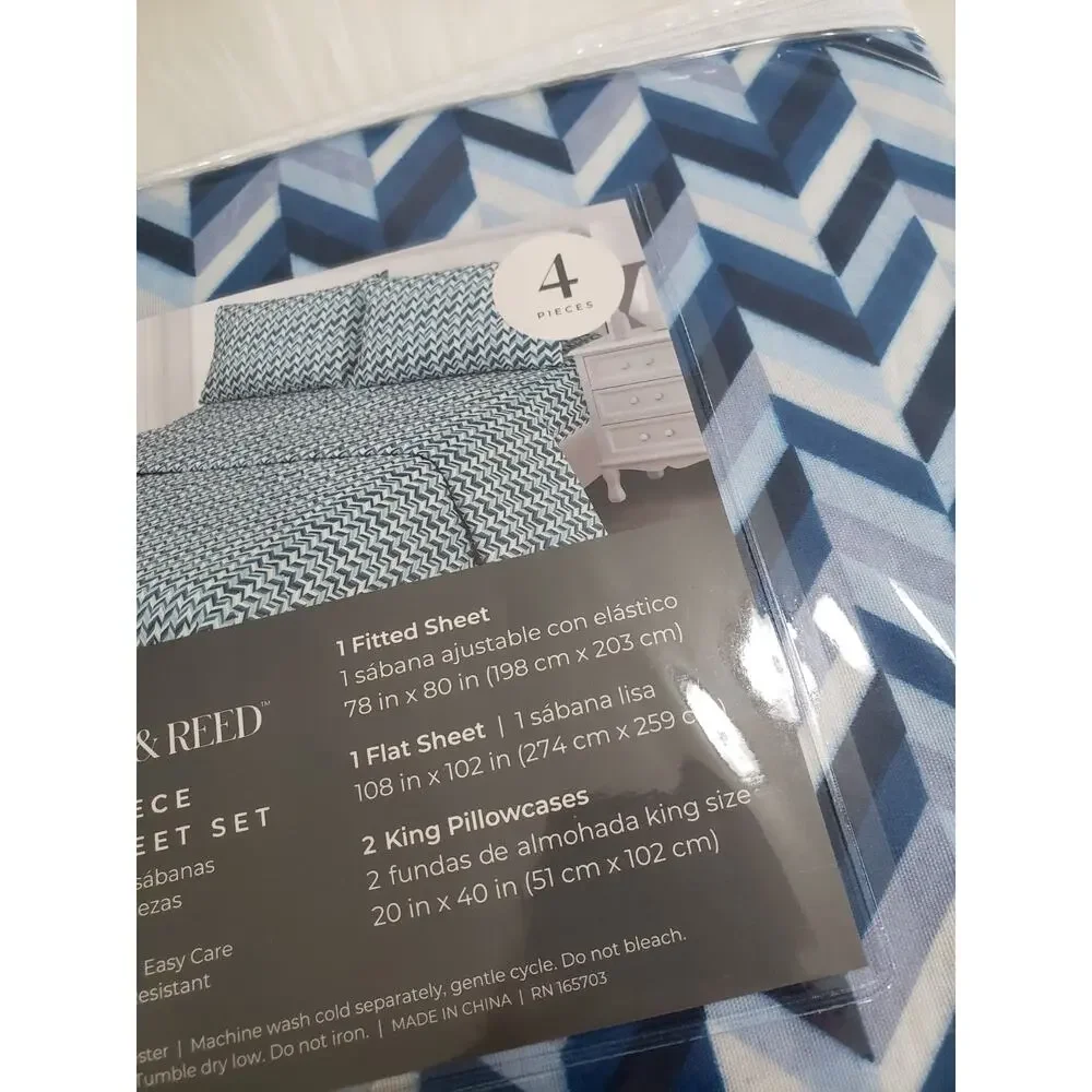 NEW Blue Herringbone Chevron King‎ SHEET SET 4 piece flat fitted boy bedroom men